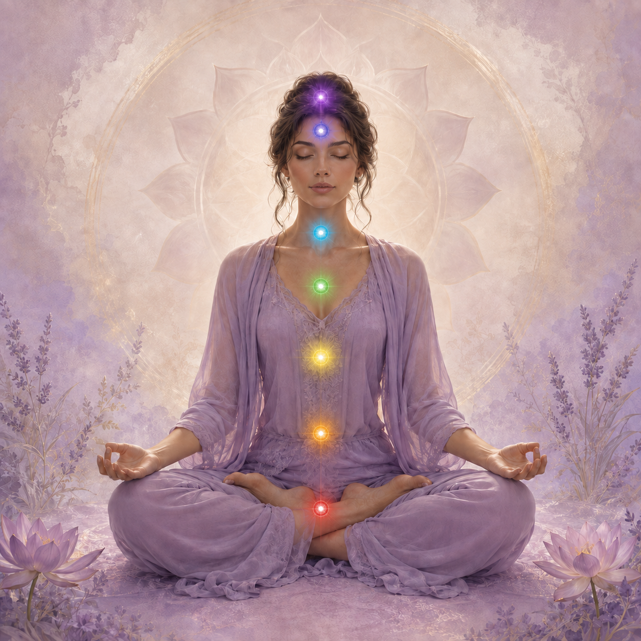 Peaceful woman meditating with seven colorful chakra lights