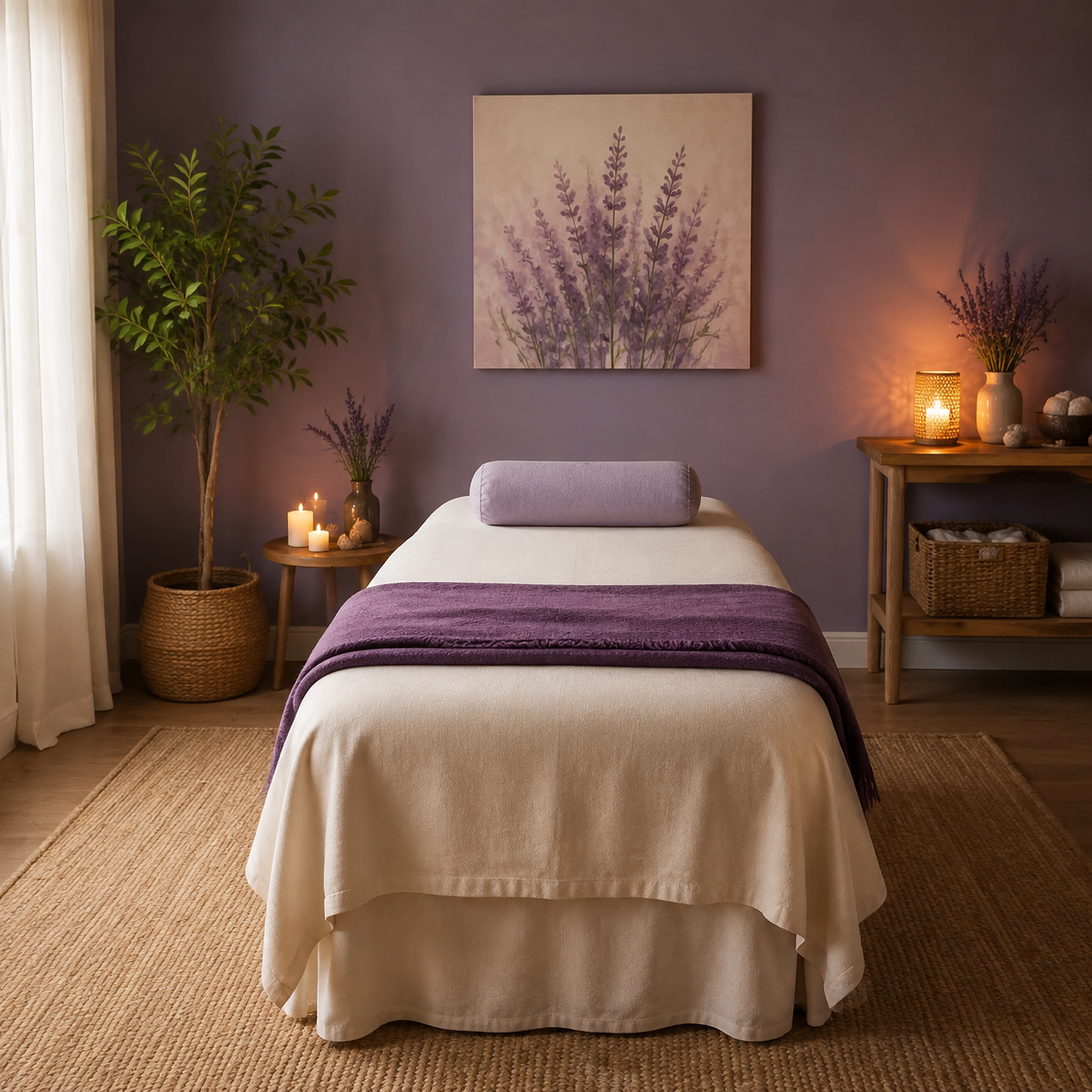 Peaceful Reiki treatment room with cream linens and purple accents